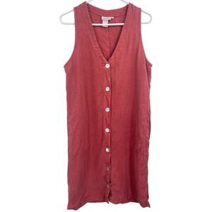 Amanda Gray Sleeveless Dress Button Up Front Size Small Pink Pockets Flax Tencel